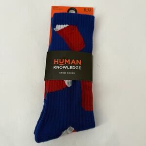 NEW Human Knowledge Crew Socks Mens 6-12 One Size Blue Red Printed Novelty Party